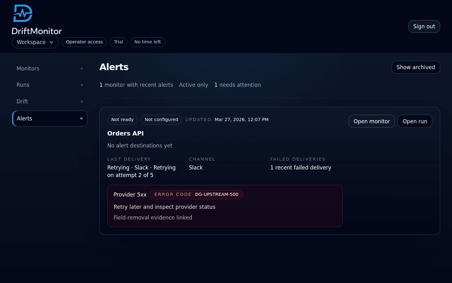 DriftMonitor alerts view showing alert delivery status and recent evidence.