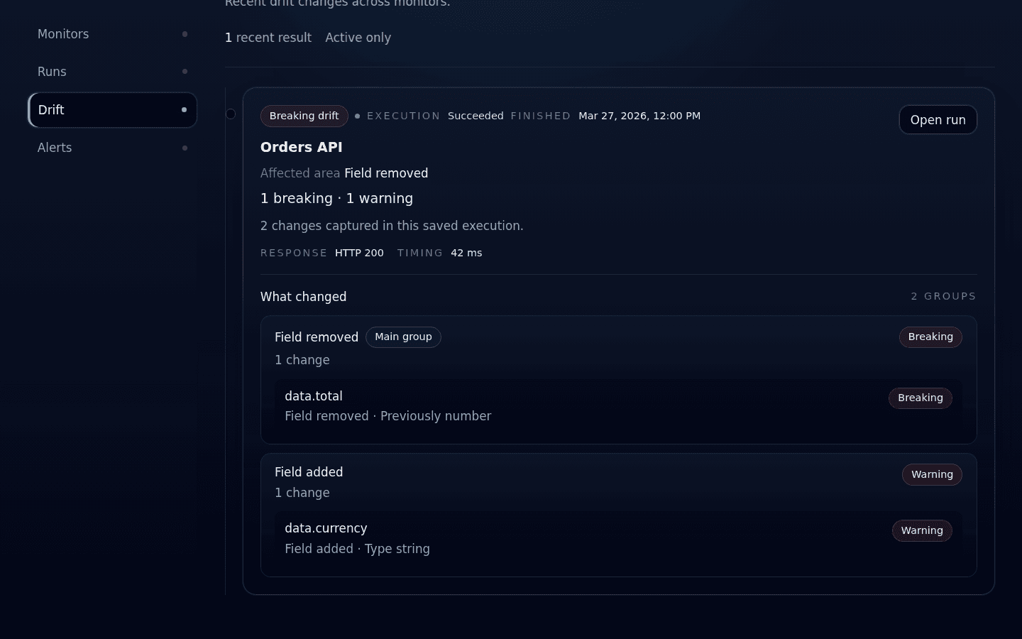DriftMonitor drift workspace showing a breaking field removal and a warning field addition.