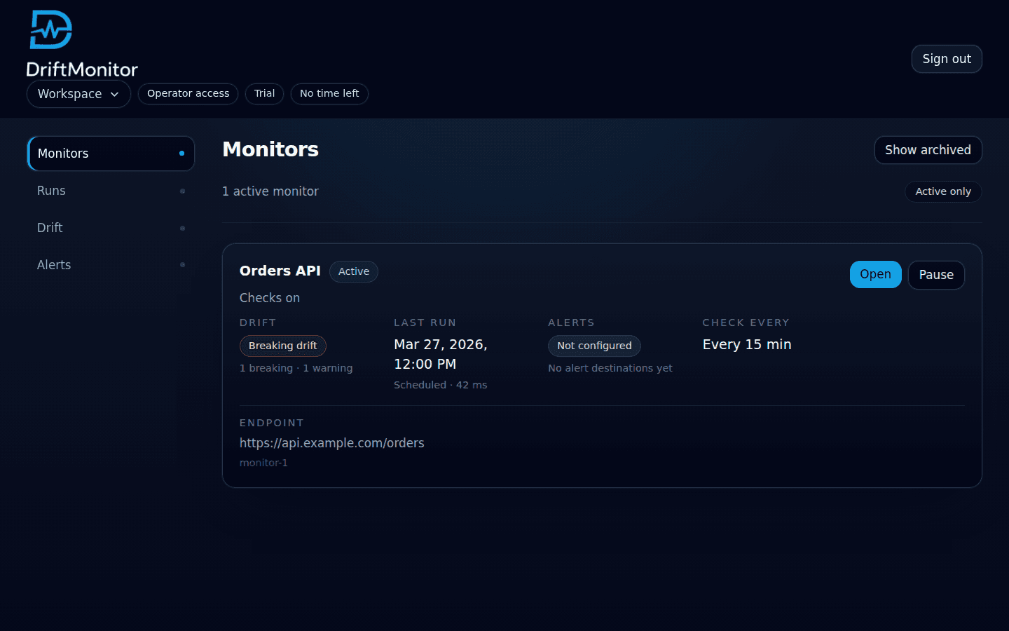 DriftMonitor monitors list showing monitor health, drift signal, alert signal, and cadence.